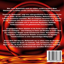 Ein Text beschreibt, wie Mathematik zu Kunst wird, mit Bildern, Farben und Formen. Im Hintergrund: rot-schwarze, fließende Muster.
