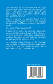 Text beschreibt, wie Jan Molten in Kampen beim Schwimmen stirbt. Ermittlungen folgen mit Motiven und Verdächtigen. ISBN unten.