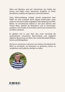 Text über Wein, Werdegang des Autors, Ziel des Buches. Unten Foto: lächelnder Mann, Hemd, Brille, Hintergrund Weinreben.