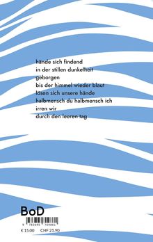 Texte: "hände sich findend... durch den leeren tag." Hintergrund: Blaue und weiße Wellenmuster. Unten links: BoD.