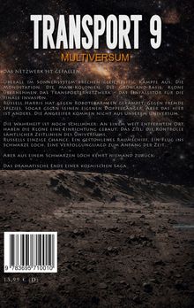„TRANSPORT 9 MULTIVERSUM“ in großen Buchstaben vor einem kosmischen Hintergrund mit einem trostlosen, felsigen Boden.