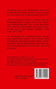 Roter Hintergrund mit verschiedenen Texten zur Krise im Wandel der Zeit, Zitat von Paul Valery, Autorinfo und ISBN.