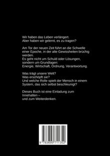 Text auf schwarzem Hintergrund beschreibt gesellschaftliche Fragen und lädt zum Nachdenken ein, mit einem Barcode unten.