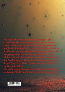 Ein tödlicher Sturz, Gedächtnisverlust und Spannung. Hintergrund: Spinnen in nebligem, orangefarbenem Licht.
