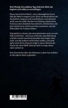 Text beschreibt eine Welt ohne Nacht, dunkle Bedrohung, Helden wie Elyara und Kael. Unten schwarze Silhouette mit Speer.