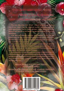 Ein Covertext beschreibt eine dramatische Liebesgeschichte, begleitet von intensiven Farben und floralen Motiven im Hintergrund.