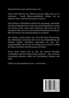 Ein Text beschreibt ein Buch zum Dänischlernen mit szenenähnlichen Dialogen und Wort-für-Wort-Übersetzung. Unten ein Barcode.