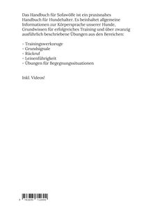Text über ein Handbuch für Hundebesitzer mit Trainingstipps und Übungen. Enthält Videos. Unten ist ein Barcode.