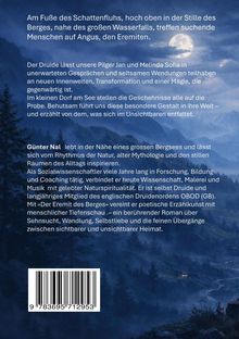 Text über einen Druiden, der Pilger in eine magische Welt führt. Hintergrund: Berge bei Nacht mit Mondlicht.