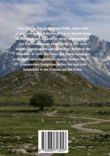 Text in der Mitte beschreibt Eldars Rolle in einem Krieg. Im Hintergrund sind Berge über grünes Hügelgebiet zu sehen.