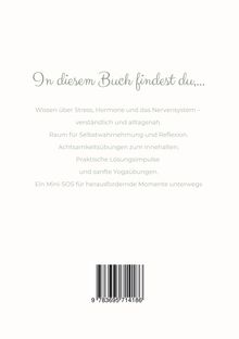 Oben steht: "In diesem Buch findest du,...". Danach eine Liste mit Themen über Stress, Hormone, Achtsamkeit und Yoga. Unten ein Barcode.