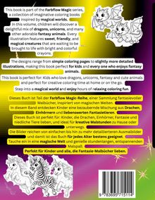 Texte betonen "Farbflow Magic", fantasievolle Ausmalbilder, Drachen, Einhörner. Perfekt für kreative Kinder. Fröhliche Illustrationen.