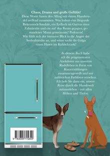 Ein grüner Kühlschrank steht links, daneben zwei sitzende Hunde und eine Sandale. Texte beschreiben Anekdoten mit Hunden.