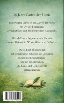 "20 Jahre Garten der Poesie" steht oben. Darunter Text über Begegnung, Kreativität, Gemeinschaft. Unten offene Illustration eines Buches mit Blatt.