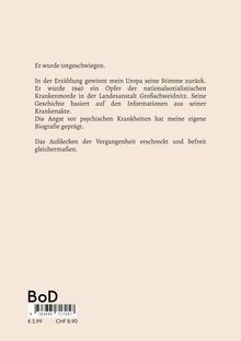 Text über einen Vorfahren, Opfer von NS-Krankenmorden 1940. Angst vor psychischen Krankheiten prägt Biografie. BoD-Logo unten.
