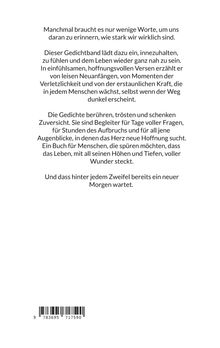 Text beschreibt Gedichtband, der Kraft, Zuversicht und Hoffnung spendet. Barcode unten. Weißer Hintergrund.