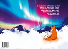 Text: "Ein Hasenkind ist verschwunden! Der Fuchs macht sich auf die Suche..." Illustration: Ein Fuchs und Hase, mit Polarlichtern.