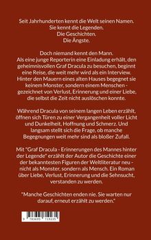 Ein Text auf rotem Hintergrund beschreibt Dracula als Mensch mit Erinnerungen, Verlust und Liebe, der als Legende neu erzählt wird.