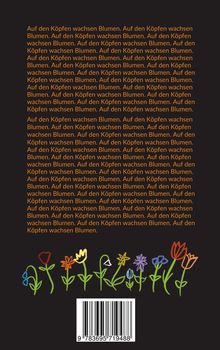 Wiederholt: "Auf den Köpfen wachsen Blumen." Unten bunte Blumenillustration, darunter ein Barcode.