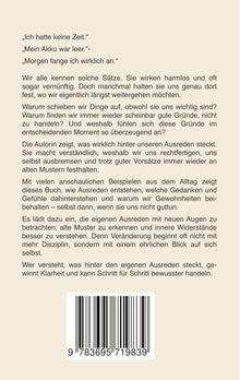 Texte: "Ich hatte keine Zeit." "Mein Akku war leer." "Morgen fange ich an." Erklärung von Ausredenverhalten. Barcode unten.