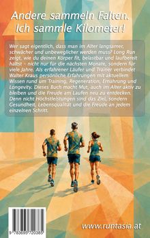 Oben der Text: "Andere sammeln Falten. Ich sammle Kilometer!" Unten laufen drei Personen in Sportkleidung vor farbigem Muster.