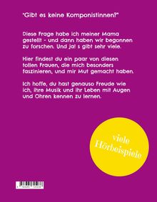 Zitate und Textblöcke beschreiben die Suche nach Komponistinnen. Gelber Kreis mit "viele Hörbeispiele". Lila Hintergrund.