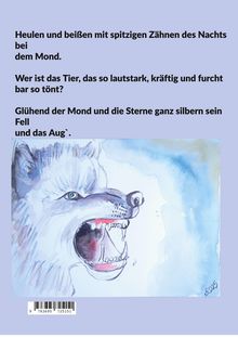 Text über einem Aquarell: Ein heulender Wolf zeigt seine spitzen, bedrohlichen Zähne, blauer Himmel im Hintergrund.
