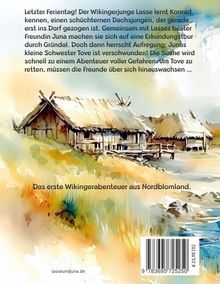 Text über ein Wikingerabenteuer. Illustration: Häuser mit strohgedeckten Dächern in einer ländlichen Landschaft.