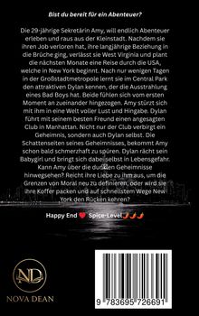Bist du bereit für ein Abenteuer? Happy End ❤️ Spice-Level 🌶️🌶️🌶️. Logo mit "ND" und Text: "Nova Dean" unten. Skyline-Silhouette.