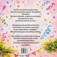 Ein bunter Hintergrund mit Luftschlangen und Sternen umrahmt den Text über Ellies Abenteuer am Faschingstag.