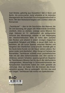 Text über Axel Streiter und das Buch „Tannhäuser“; darunter steht „BoD“ und der Barcode. Hintergrund in sandigen Farben.