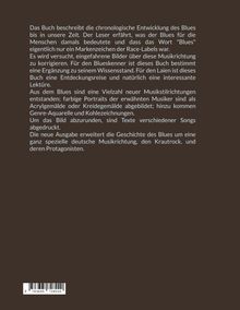 Text über Blues-Geschichte, Musikstile und Künstlerporträts. Farbig gemalte Musiker und Liedtexte ergänzen die Darstellung.