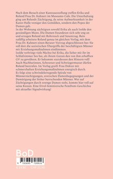 Ein rosa Hintergrund mit einer Beschreibung eines Buches über erotische Erziehung, feministische Themen und Männerdemütigung. Es gibt einen Barcode und einen Preis.