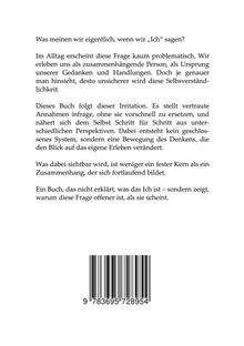 Text über die Irritation bei der Frage nach dem "Ich" und die Erkundung des Selbst im Buch. Darunter ein Barcode.