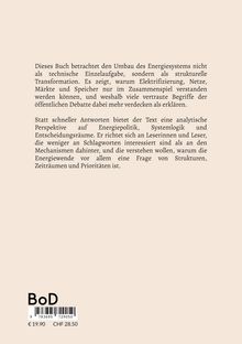 Text beschreibt ein Buch über die strukturelle Transformation des Energiesystems, bietet analytische Perspektiven. BoD Logo.