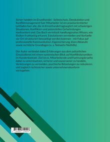 Praxisleitfaden für Einzelhandel zu Selbstschutz, Deeskalation und Konfliktmanagement. Grüner Hintergrund mit geometrischen Formen.