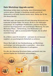 Der Text beschreibt, wie KI und Liberating Structures Workshops verbessern können. Unten sind Symbole von Gruppen und Notizen.