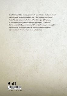 Texte über essayistische Themen, wie Buchbesprechungen und Reden. Unten ein Barcode, daneben "BoD" und Preise in Euro und CHF.