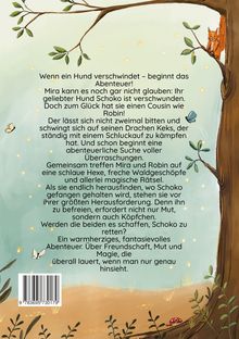 Text über ein Abenteuer, bei dem Mira und Robin den vermissten Hund Schoko suchen. Illustration: Eichhörnchen auf Baum.