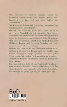 Ein Text beschreibt eine magische Reise mit Lea und Max, begleitet von einer goldenen Münze. Preis: €14,50 / CHF 21,50. Logo: BoD.