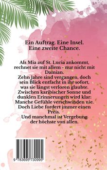 Tropisches Design mit grünen Blättern und rosafarbenem Hintergrund. Text über eine zweite Chance auf St. Lucia.