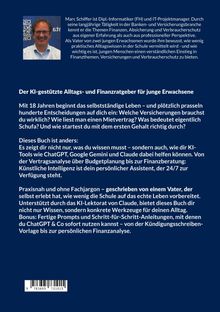 Text oben: Infos über Marc Schiffer. Großer Text: Leitfaden für 18-Jährige zu Finanzen, Versicherungen und KI-Hilfe.