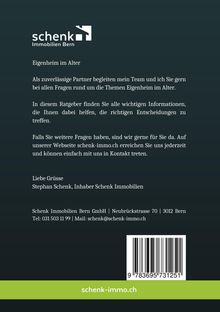 Text über Immobilienberatung im Alter von Schenk Immobilien Bern. Website: schenk-immo.ch, Kontakt: Tel und E-Mail. Enthält Logo.