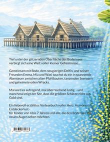 Text beschreibt Abenteuer am Bodensee. Gemälde zeigt Pfahlbauten über dem Wasser bei Sonnenschein.