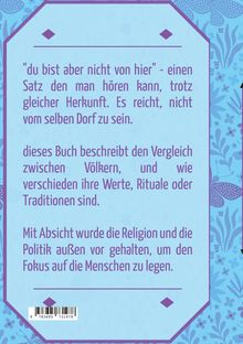 "du bist aber nicht von hier" - ein Satz über Herkunft. Buch vergleicht Völker, betont Menschlichkeit. Florales Muster.