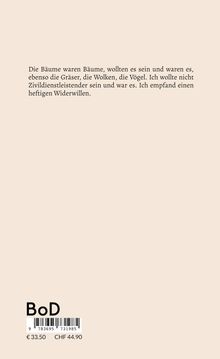 Text über Natur und Zivildienst. Unten steht "BoD" mit einem Barcode und Preisen € 33.50, CHF 44.90. Beiger Hintergrund.