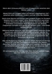 Texte: "Wenn dein Zuhause plötzlich zum Knotenpunkt zwischen den Welten wird..."  
Hintergrund: Dunkler, nebliger Wald.