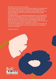 Text über Familiengeschichte und Trauma auf rotem Hintergrund. Unten links abstrahierte Blumenillustration in Orange, Weiß, Blau.