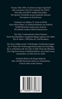 Text über den politischen Zusammenbruch in Europa 2026, Chaos, neue Demokratieideen, Flucht und Widerstand. Darunter ein Barcode.