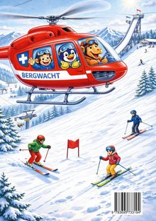 Schriftzug "BERGWACHT" auf rotem Hubschrauber, Comic-Stil, Tiere und Skifahrer auf schneebedecktem Berg.